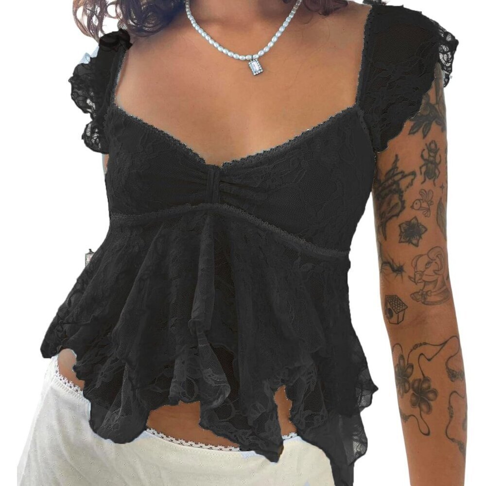 Women Lace Tank Top Cap Sleeve Floral Sheer Blouse V-Neck Casual Elegant